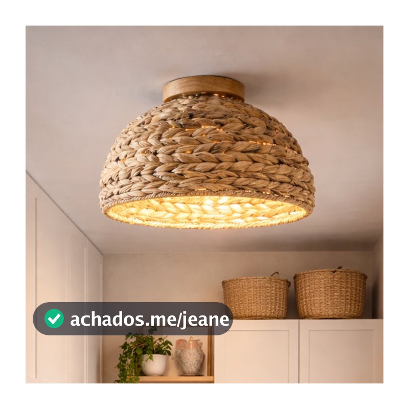 Luminária Plafon Trançado Rústico Fibra Natural Elegante Iluminação Aconchegante Bivolt