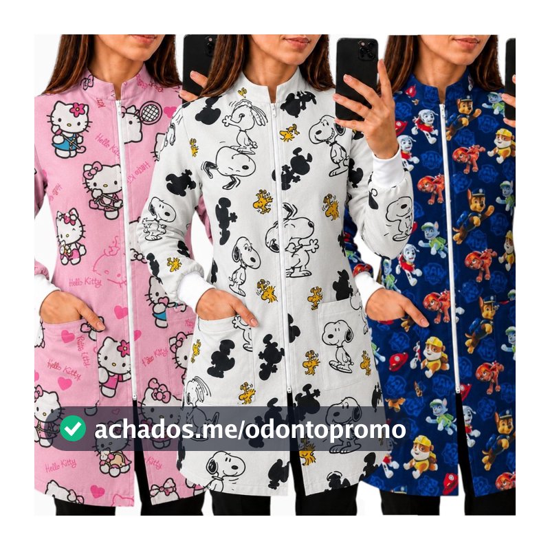 Jaleco Estampado Temático Feminino Oxfordine Gola Padre Zíper Odontopediatria Nutrição Enfermagem Psicologia