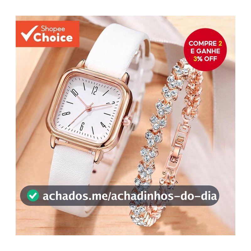 Relógio Feminino Quadrado Pulseira De Couro Com Imitação De Diamante Coração Conjunto Estilo Elegante