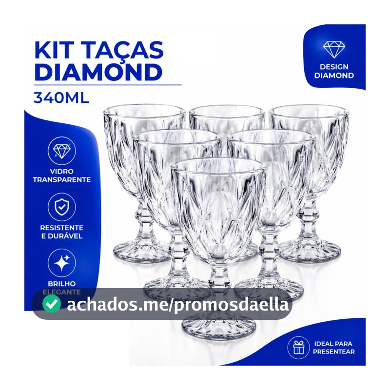 Jogo Taças Vidro 340Ml Diamond Bico Jaca Abacaxi Conjunto Taça Para Água Vinho Tinto Suco Diamante