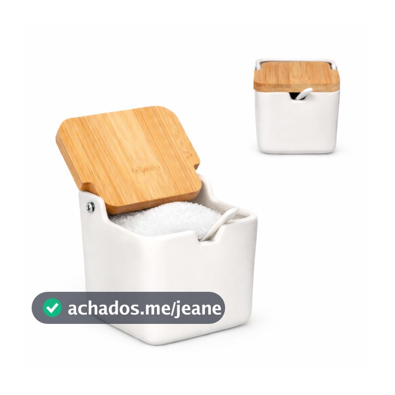 Saleiro Açucareiro Em Porcelana Tampa Madeira 300ml Multiuso
