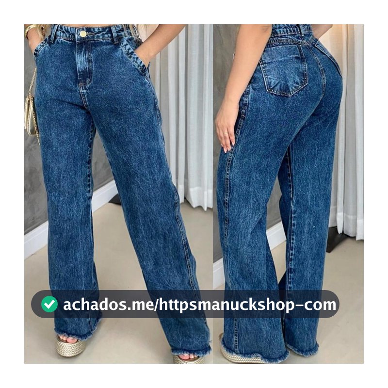 Calça Jeans Feminina Wide Leg Marmorizada Cintura Alta Sem Lycra levanta bumbum