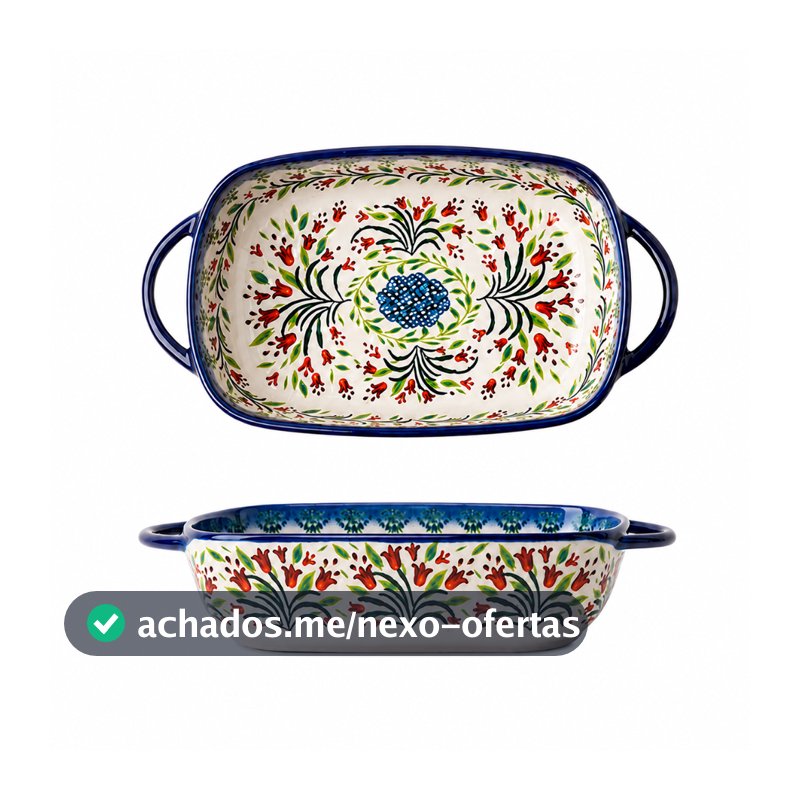 Travessa Retangular de Cerâmica com Alças Duplas 730ml Assadeira Floral Azul Estilo Polonês para Forno