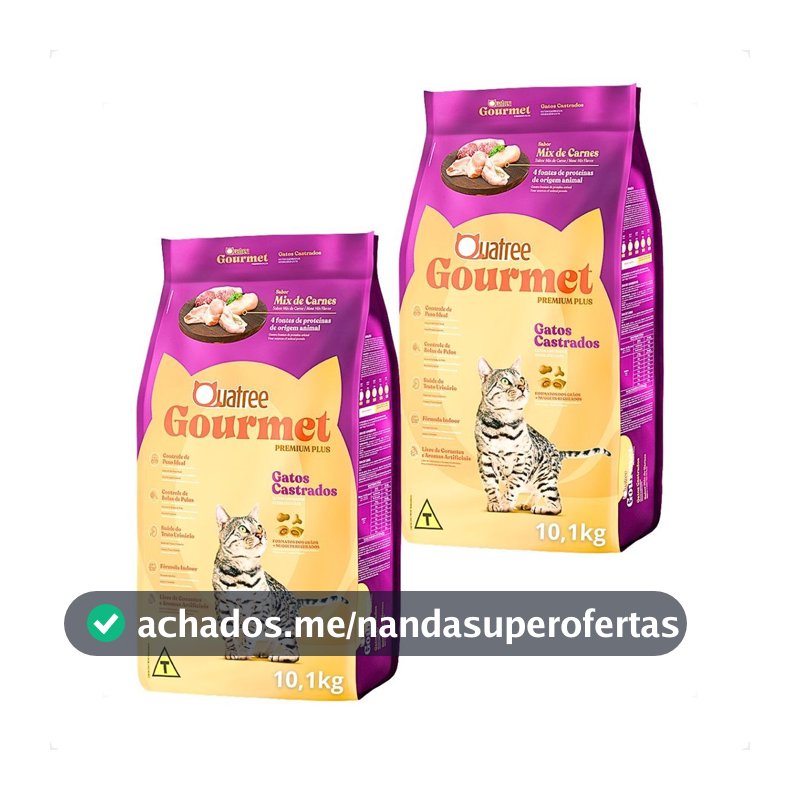 Kit 2 Ração Quatree Gourmet Gatos Castrados Mix de Carnes - 10,1Kg