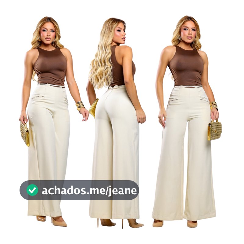 Calça Pantalona Feminina Alfaiataria Prêmio Alta cobertura  Wide Leg Cós Alto Bolso Funcional Chique Confortável