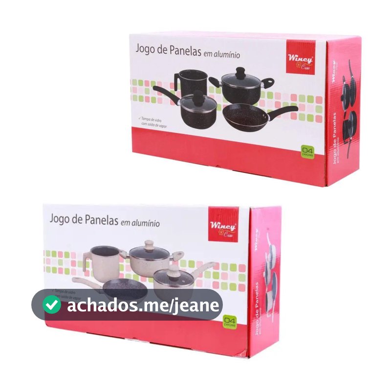 Jogo Panelas Alumínio 4 Peças Wincy Casa Tampa Vidro Antiaderente Granito Cozinha preta ou beje