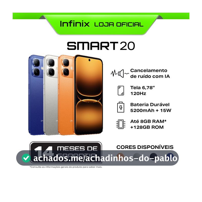 Smartphone Infinix Smart 20 128GB 4+4GB RAM IA Cancelamento de Ruído Tela 6,78" 120Hz Bateria 5200mAh IP64