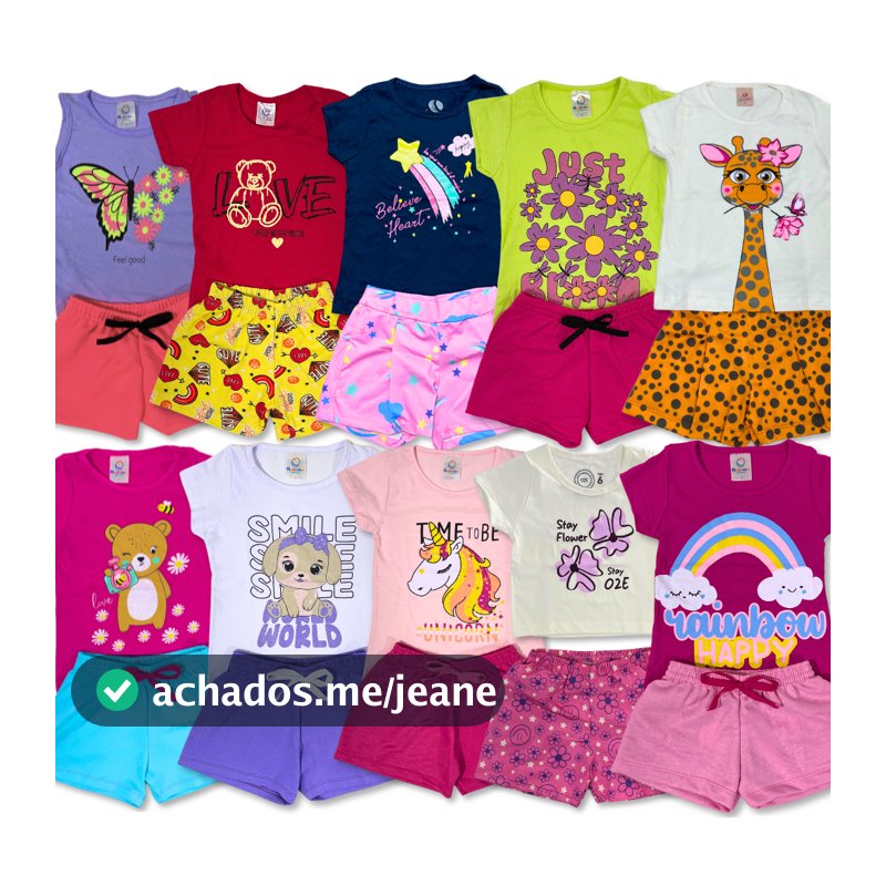 Kit 6 ou 10 Peças Conjunto Roupa Infantil Menina Verão Camiseta + Shorts Estampado Sortidos