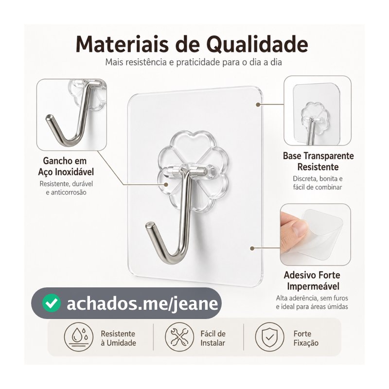 Gancho de Parede Adesivo sem Furo com Suporte em Aço Inox Fixação Forte e Instalação Fácil