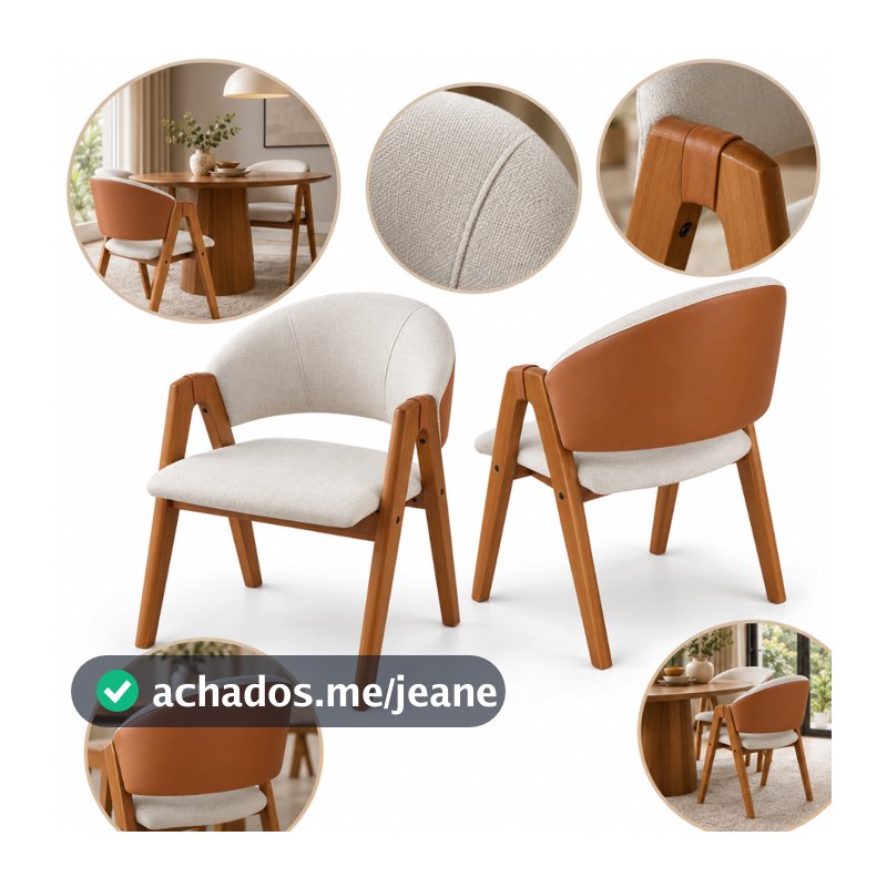 Kit 2 Cadeiras De Jantar Sophia Madeira Maciça Estofadas Linho Com Couro Modernas Acabamento Premium