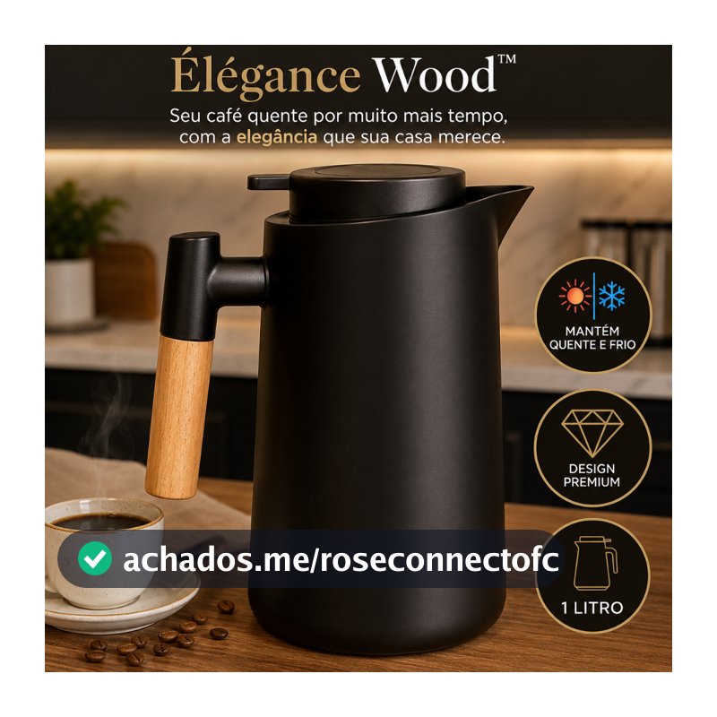 Garrafa Térmica 1 Litro Cabo de Madeira Isolamento Térmico Café Chá Design Premium