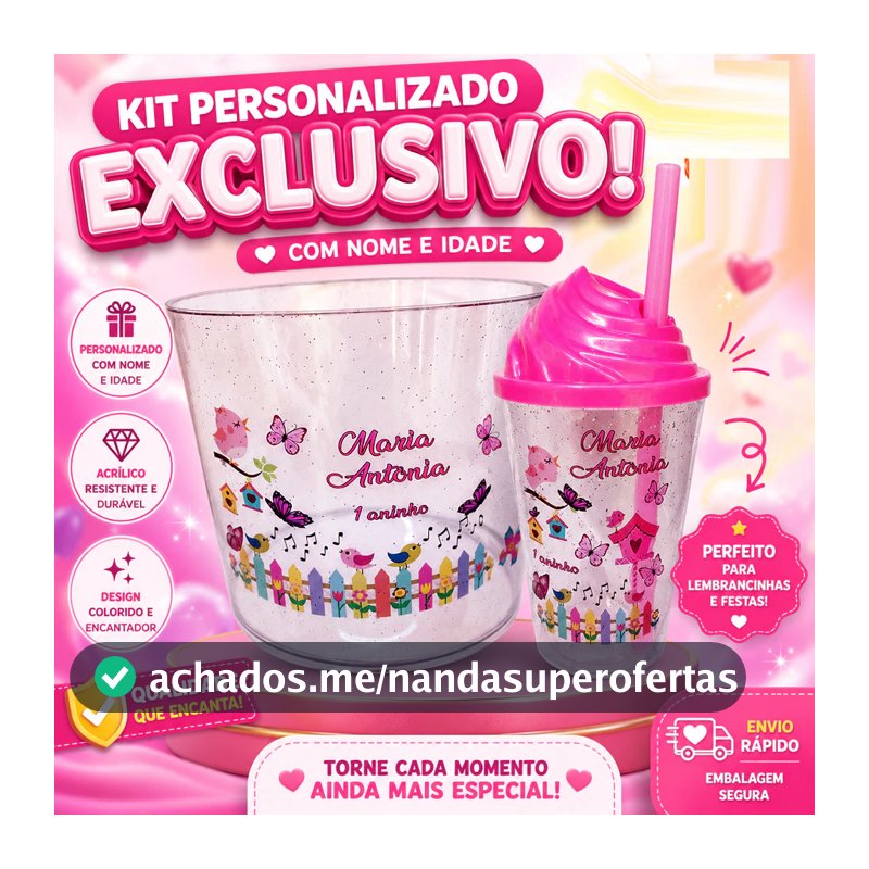 KIT Copos Twister 300ml com Tampas Chantilly e Baldes para Pipoca 1,5l Personalizados Jardim Encantado