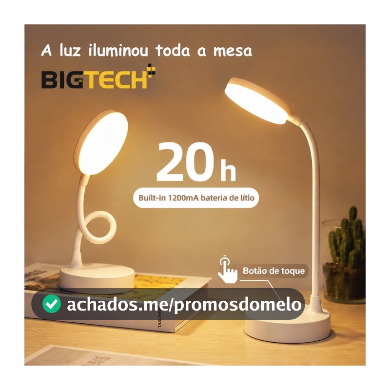 Luminária Abajur de Mesa LED Luz Recarregável Touch Haste Flexível Lâmpada De Estudo Sem Fio BigTech
