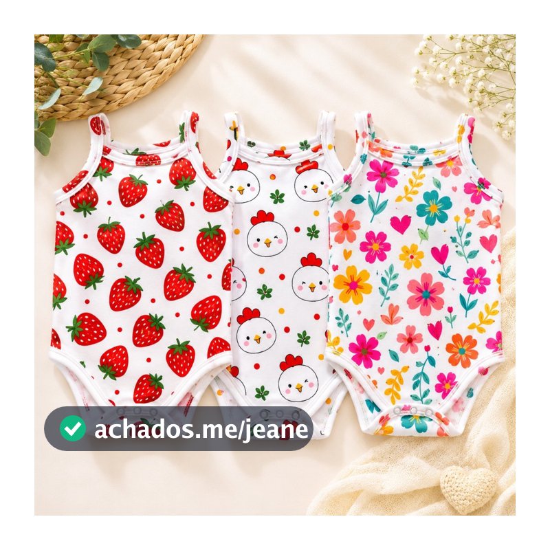 Kit 3 Body bebe 100% algodão alcinha roupa para bebes para verão estanpado para bebes com os tamanhos de 0 a 12 meses