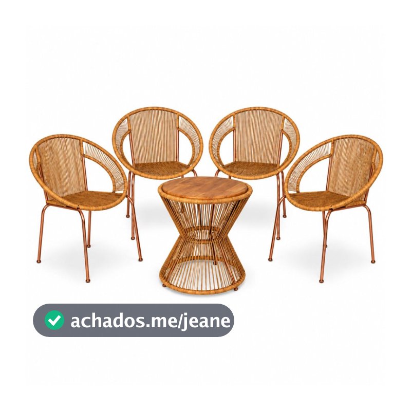 Kit 4 Cadeiras Cancun + 1 Mesa Ampulheta na Fibra Estrutura Cobre Ideal p/ Jardim, Quintal e  Área