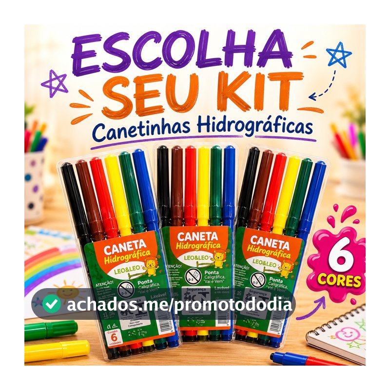 Kit 10 a 50 Estojos de Canetinhas Hidrográficas com 6 Cores - Revenda, Escolar, Lembrancinhas ✏️