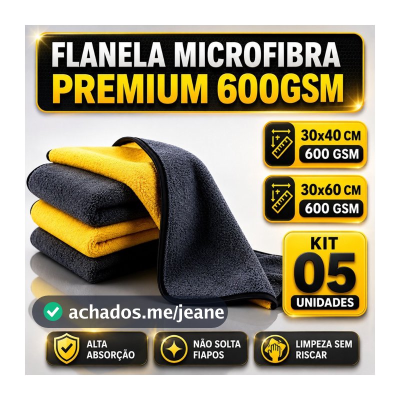 Kit 05 Pano Flanela Microfibra Automotiva 600GSM Premium Para Lavagem polimento de Carro
