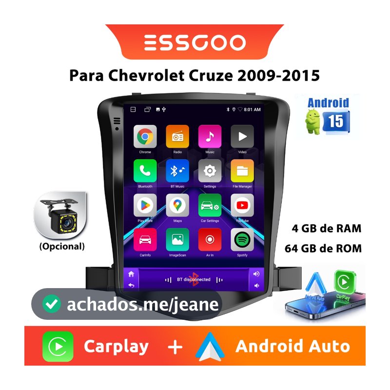 ESSGOO 9.7 Polegada MP5 Player Android 15 4 + 64GB Para Chevrolet Cruze 2009-2015 Com CarPlay Sem Fio Auto