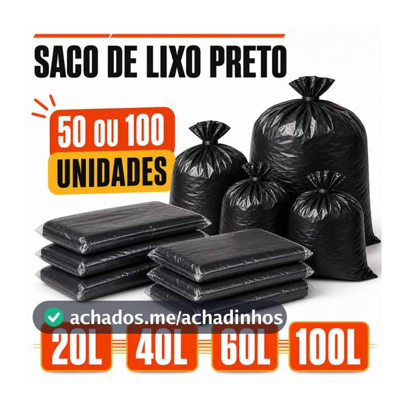 Saco de Lixo Preto Resistente 20L 40L 60L 100 litros Pacote com 50 ou 100 Unidades