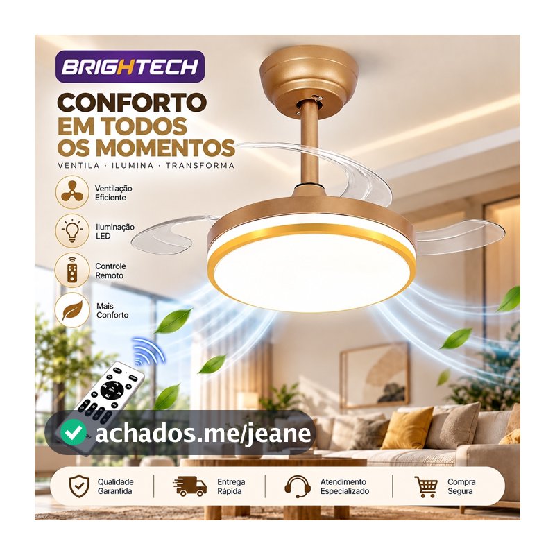 Brightech 71-107cm Ventilador De Teto Turbo 127/220V Bivolt Silencioso Retrátil LED Controle Remoto