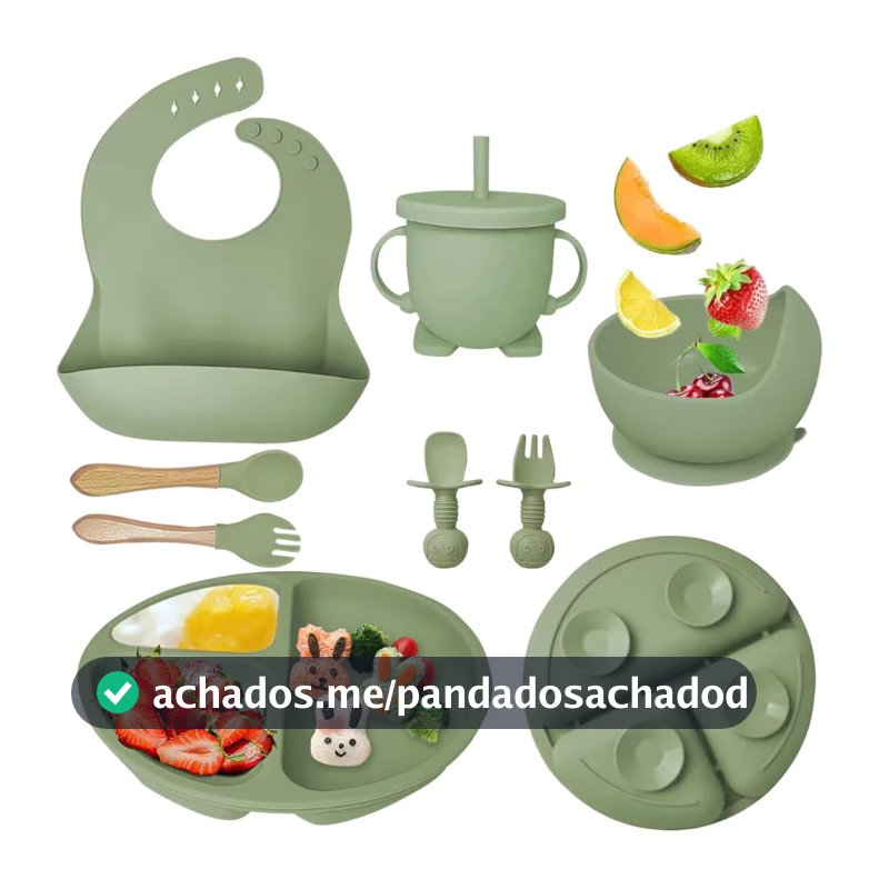 kit 8 Peças Talheres alimentação bebê silicone kit Talheres Infantil Com Ventosa Canudo Colher Babador Garfo NOVO