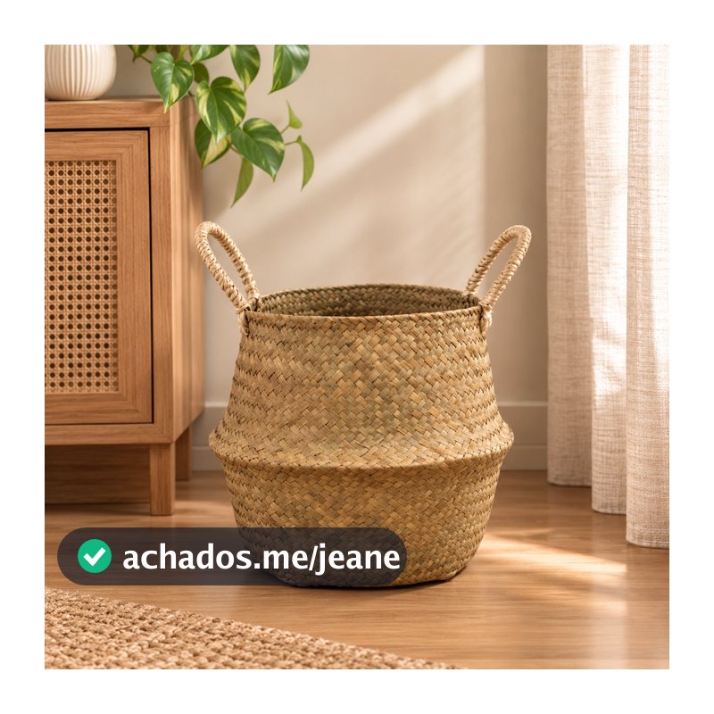 Cesto Cachepot Decorativo Organizador Multiuso Dobrável Em Seagrass Trançado Grande Com Alça