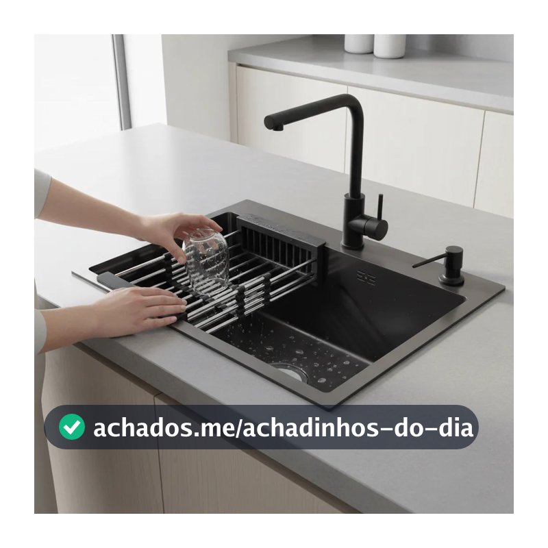 Cuba de Cozinha Gourmet Quadrada 60x45 Escovada Preta Inox 304 Premium com Acessório Válvula