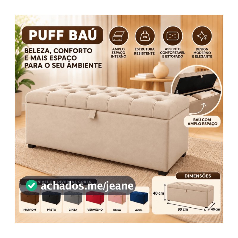 Puff Baú Estofado 90cm com Capitonê – Organizador e Assento Confortável