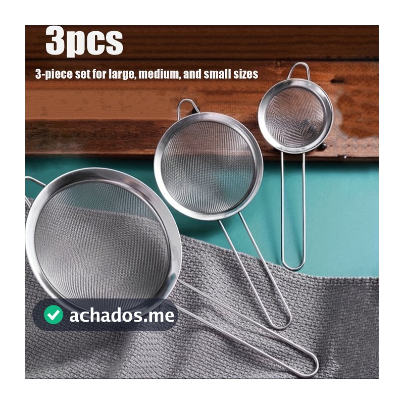 Kit 3 Peças Peneira Coador Em Aço Inox Para Cozinha - 3 Tamanhos P M G 8/10/12 cm