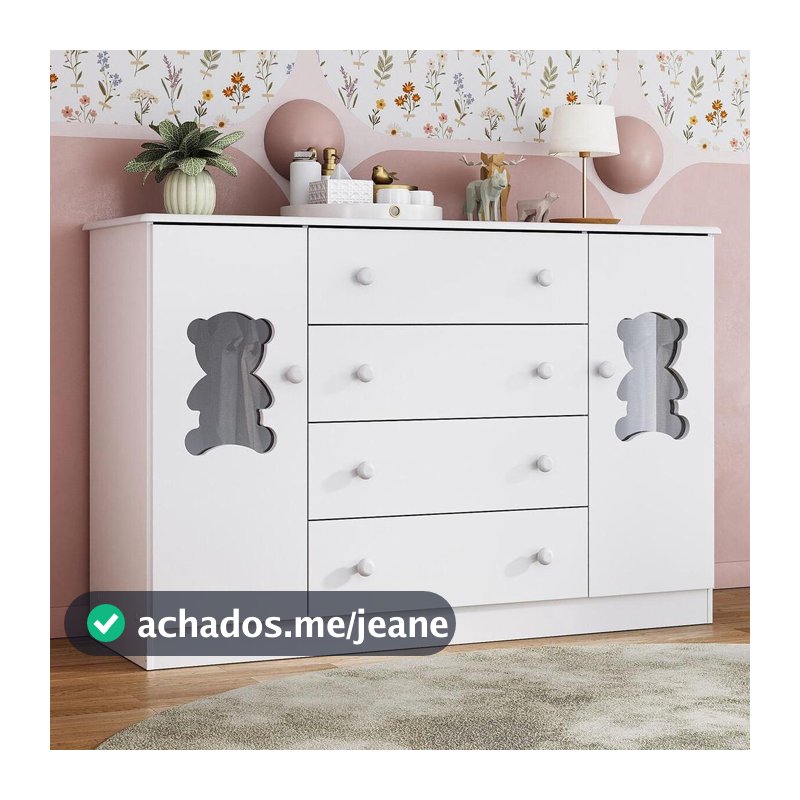 Cômoda Infantil para Bebê 125cm 2 Portas com Vidro e 4 Gavetas Teddy Multimóveis MP4490