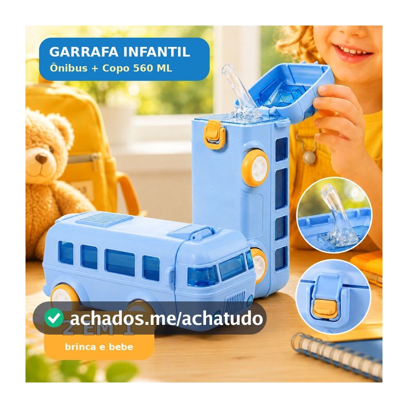 Copo Infantil Ônibus 2 em 1 Brinquedo e Garrafa 560ml com Canudo Anti Vazamento