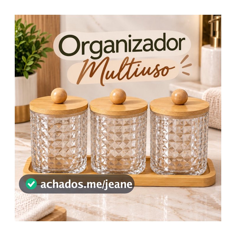 Kit 3 Potes Organizadores Com Tampa De Bambu E Bandeja Multiuso