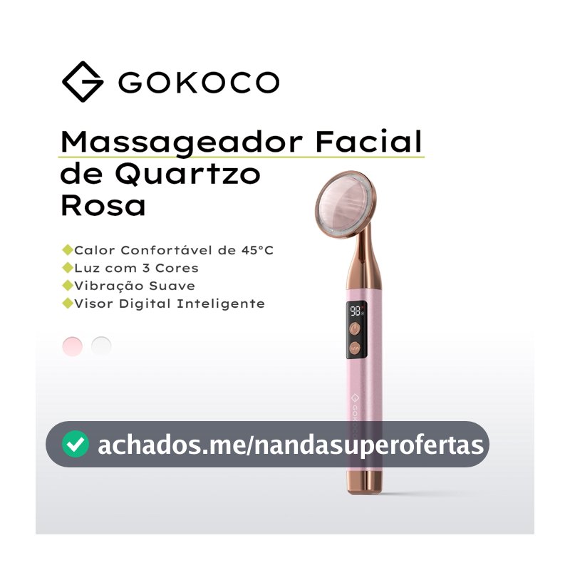 GOKOCO Massageador Facial Elétrico Quartzo Rosa com 3 Cores LED, Vibração, Aquecimento 45°C e Display Digital