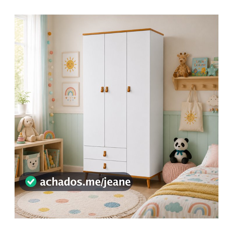 Guarda-Roupa Jujuba 3 Portas e 2 Gavetas – Branco com Pés de Madeira Infantil Cabideiro Slim
