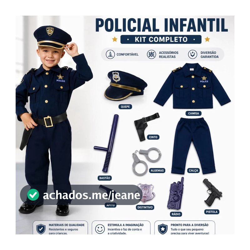 Fantasia Uniforme de polícia para crianças 8 pçs de dramatização+Acessórios/90-130 CM
