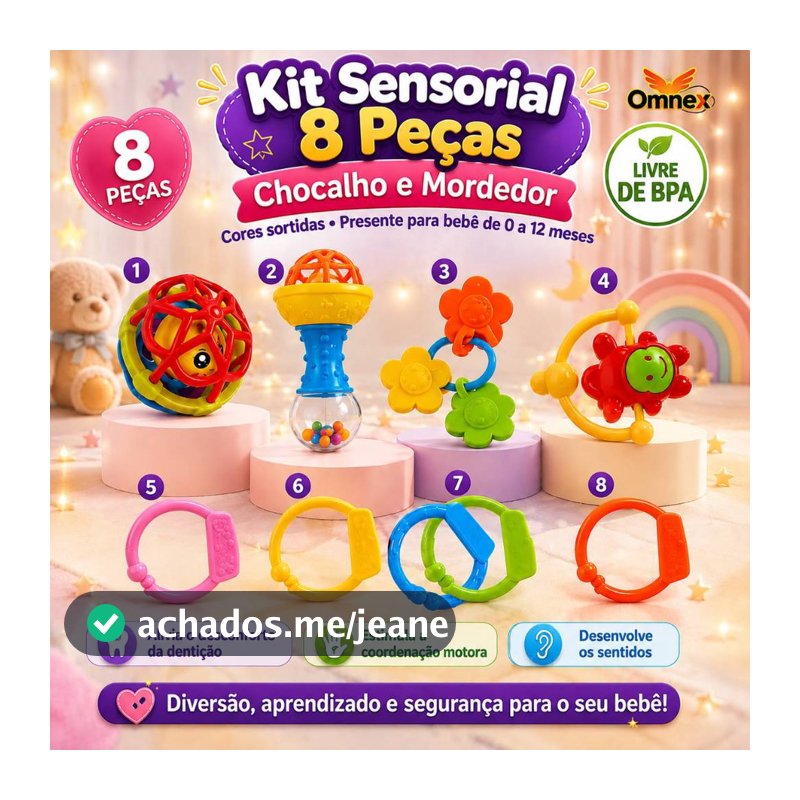 Kit Brinquedo Bebe Chocalho Mordedor Silicone Macio Bola Colorida 8 Peça Móbile para Berço
