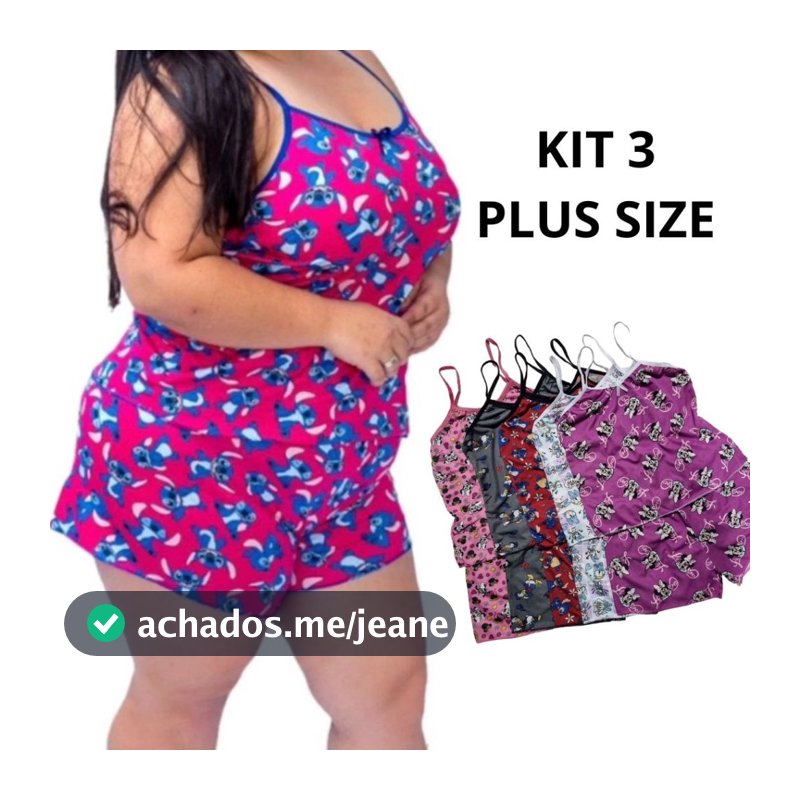 Kit 3 Baby Doll Plus Size Pijama de Dormir Estampado