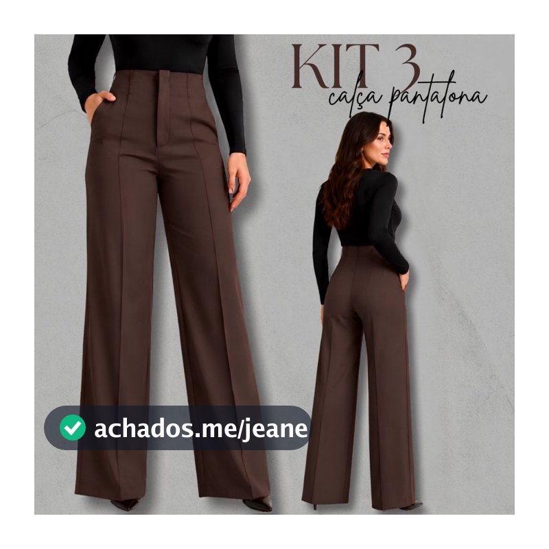 Kit 3 Calça Pantalona Feminina No Estilo Alfaiataria Com Detalhes de Costura No Tecido E Bolsos Laterais Premium Social