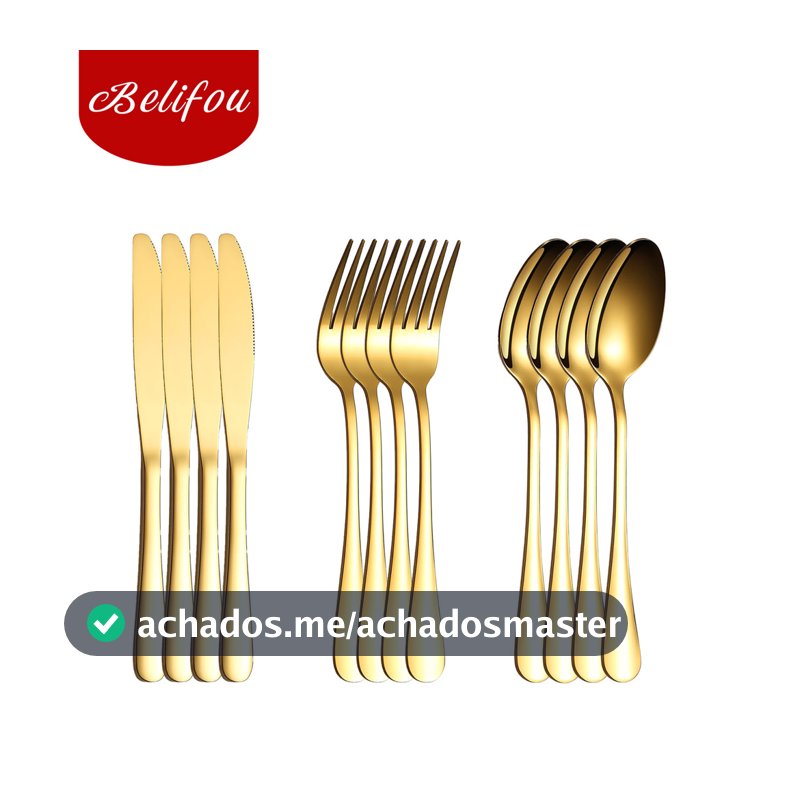Belifou Kit 12 Jogo De Talheres Para Bife Aço Inoxidável Dourados