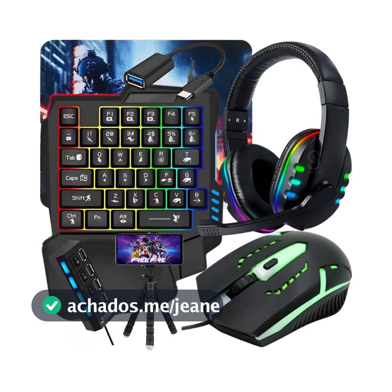 Kit Gamer Mobilador Celular Teclado Mouse  + Fone Com Microfone + Tripé + Cabo Otg + Hub Usb + Mouse Pad
