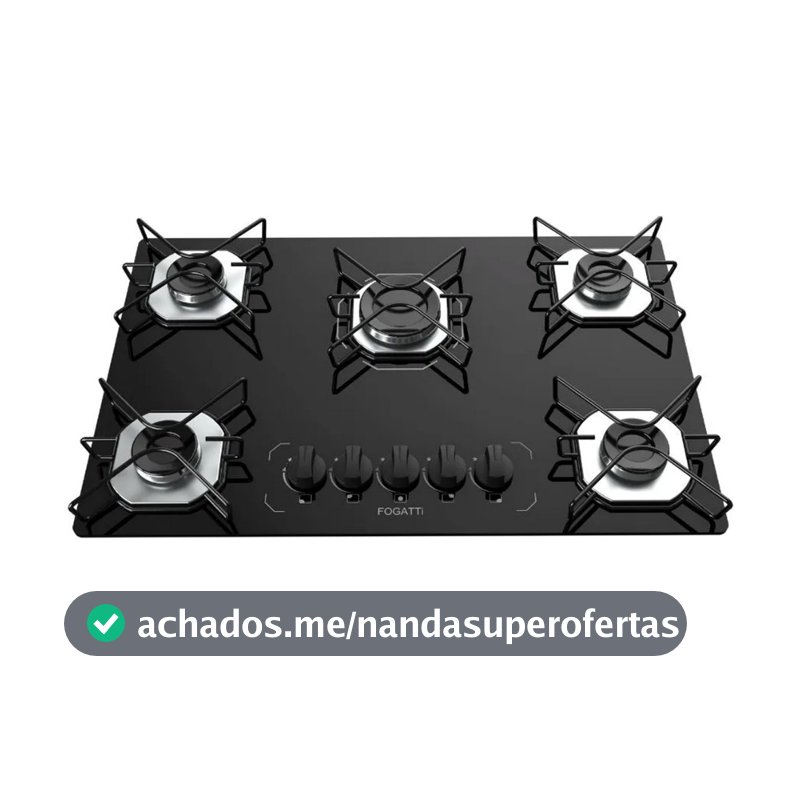 Fogão Cooktop Fogatti à Gás FGT 5 Bocas Vidro Preto Flange Inox Bivolt - Acendimento Automático