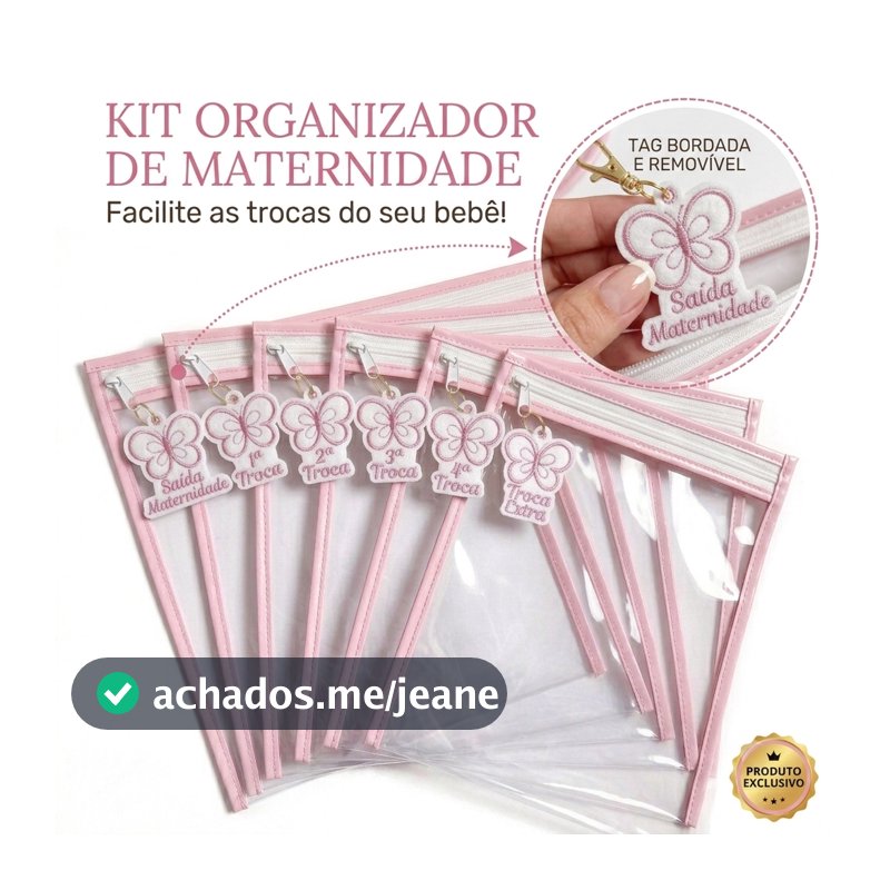 Kit 6 Saquinhos Maternidade com Zíper e Tag Bordada – Organizador Roupas Bebê e Mamãe 26x31cm