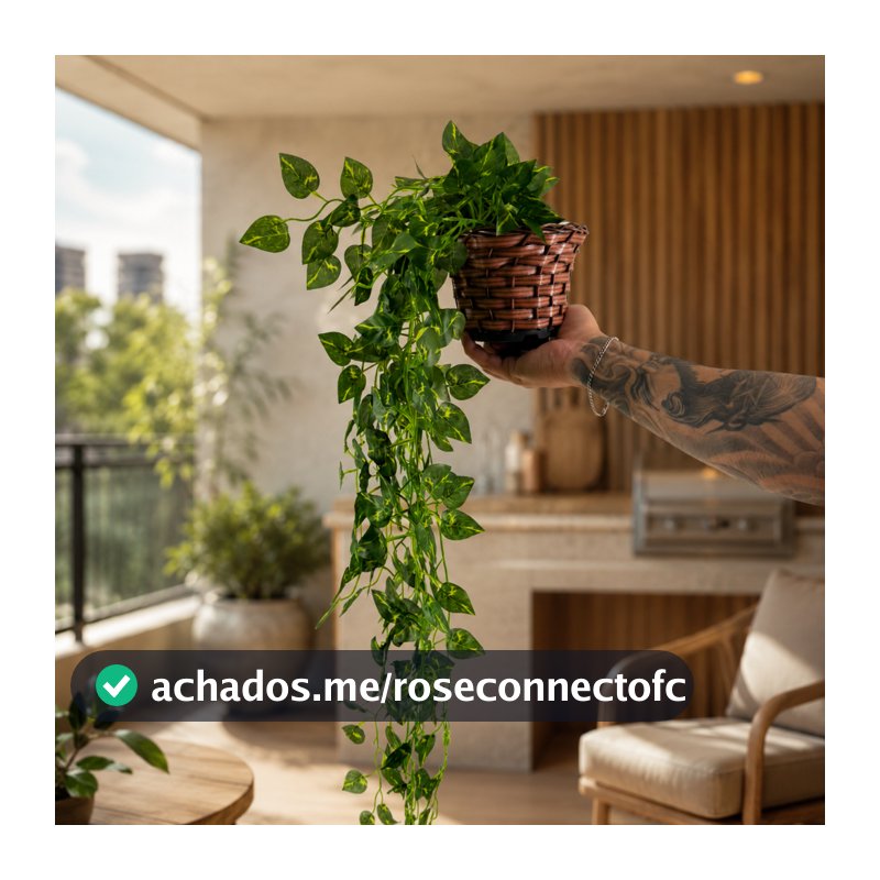 Kit Planta Decorativa: Vaso Trançado Marrom + Pendente Artificial Folhas De Jiboia
