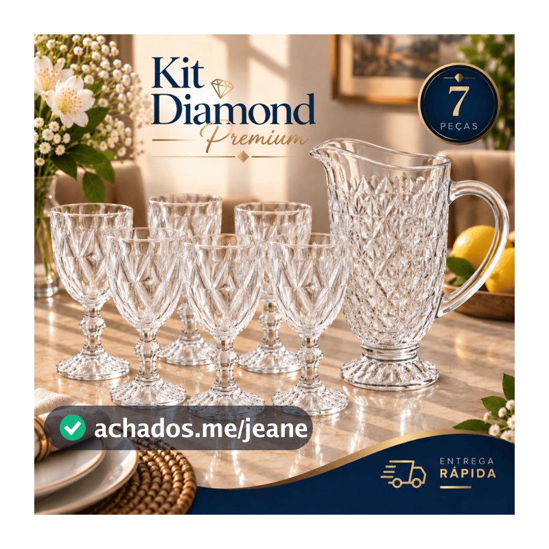 Kit 7 Peças Jarra 1,2L + Taças Diamond 360ml Para Água Suco Bico Jaca Abacaxi Transparente Mesa Posta Jantar Especial