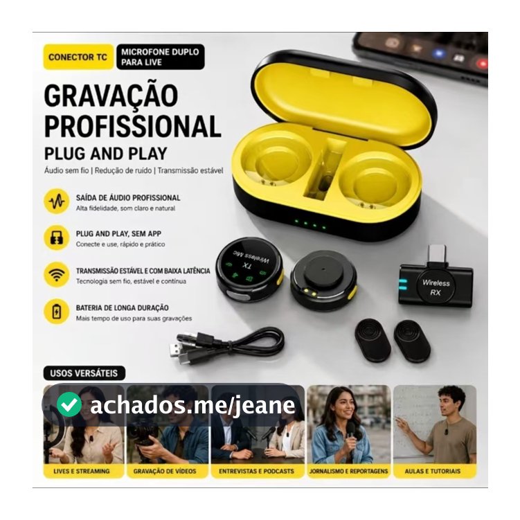 Microfone de Lapela Sem Fio AGOLD MCF-38D Magnético Duplo– Para Celular, Live, Entrevista e Gravação - El-1861