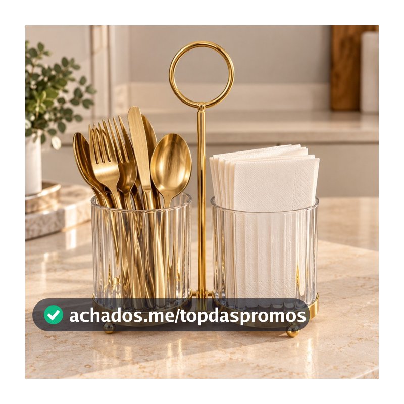 Organizador Porta Talheres e Guardanapos em Acrílico com Suporte Dourado e Alça para Mesa e Cozinha