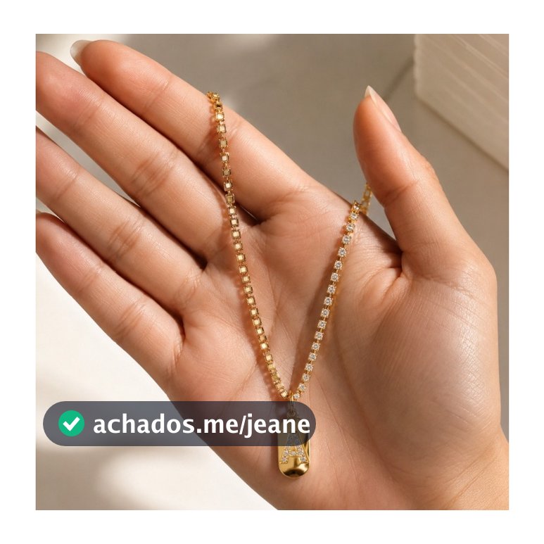 Colar Riviera de Plaquinha com Pingente Letra Personalizadas Semijóia Banhada a Ouro 18K