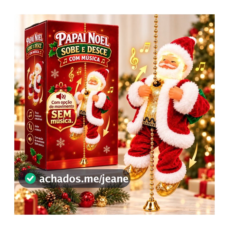 Boneco Papai Noel Sobe E Desce Corda Musical Canta Movimento Decoração Natal