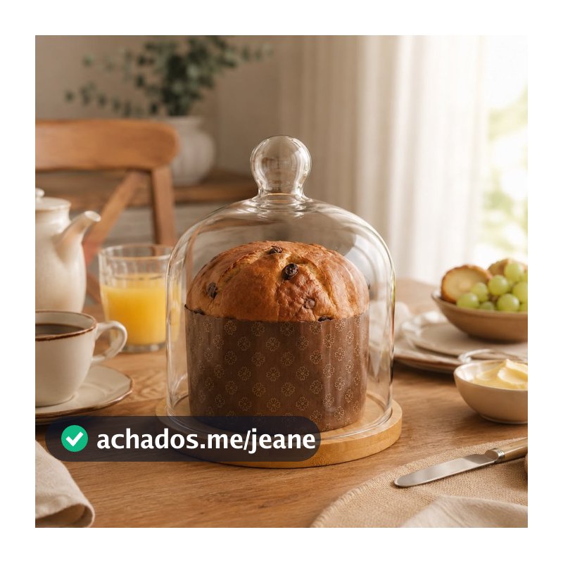 Porta Panetone de Vidro com Base em Bambu 19cm para 400g 26366 - Vencedor