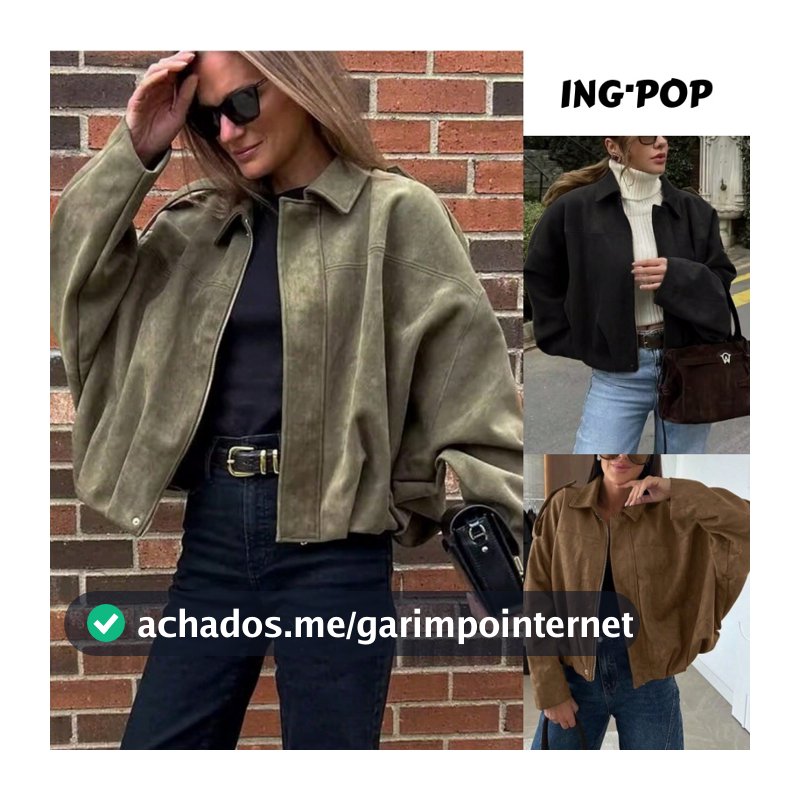 Jaqueta Bomber Feminina Casaco em Camurça Sintética Retrô de Manga Longa Solta único com Zíper